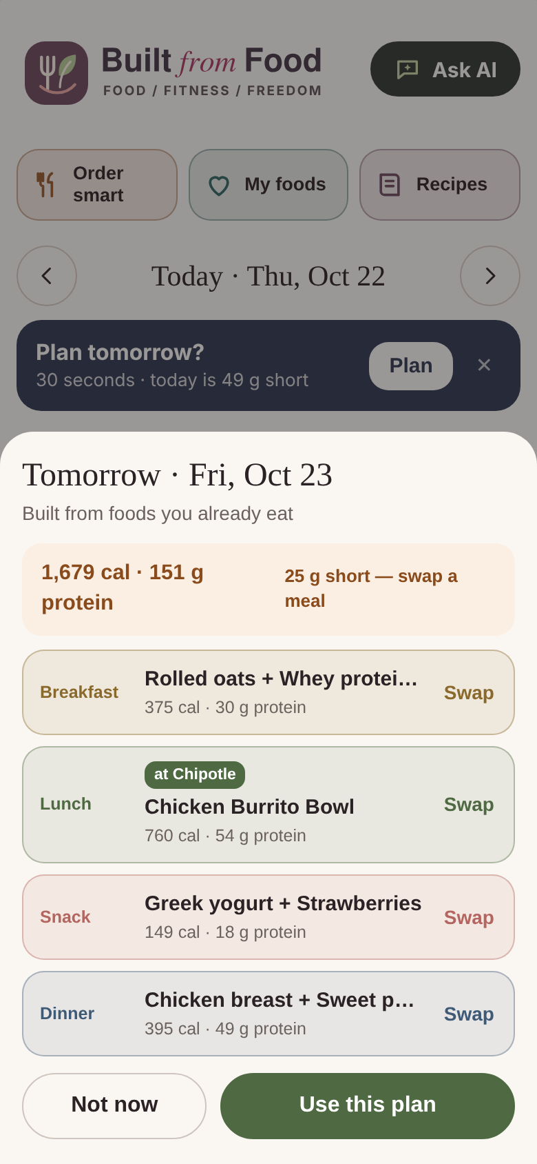 Built From Food beta app: plan tomorrow; sample profile