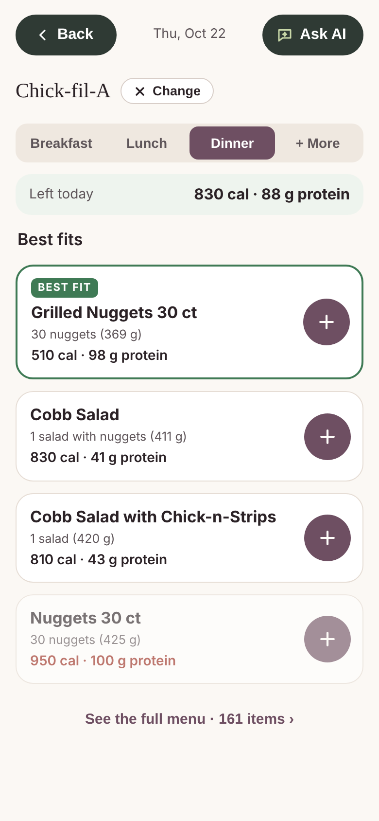 Built From Food beta app: order smart; sample profile