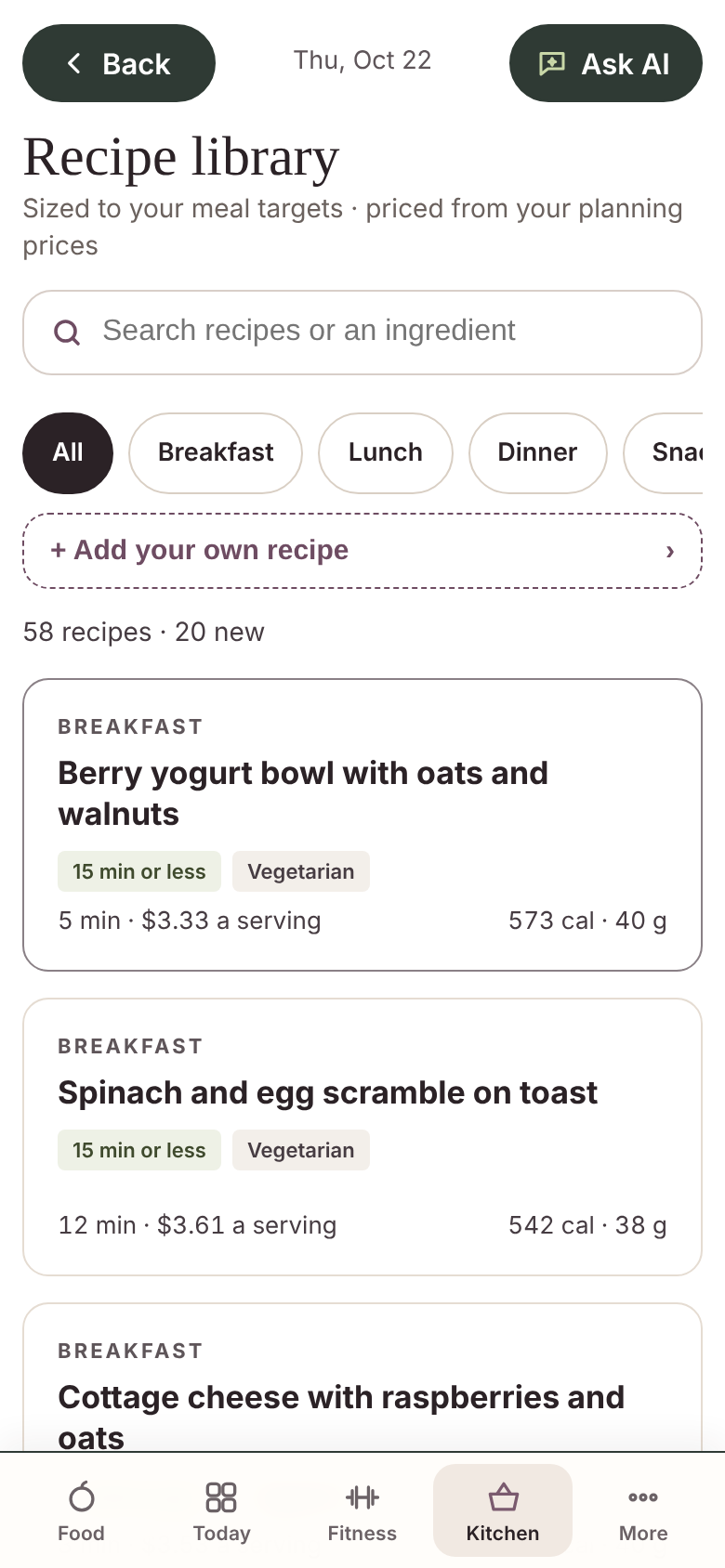 Built From Food beta app: recipes; sample profile