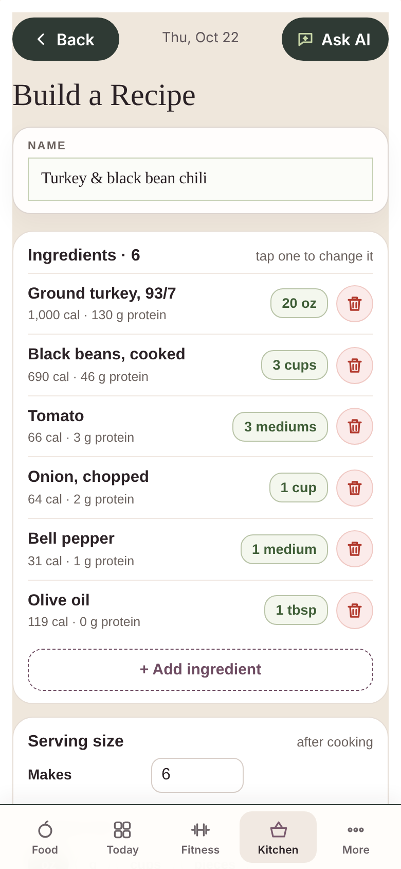 Built From Food beta app: recipe builder; sample profile