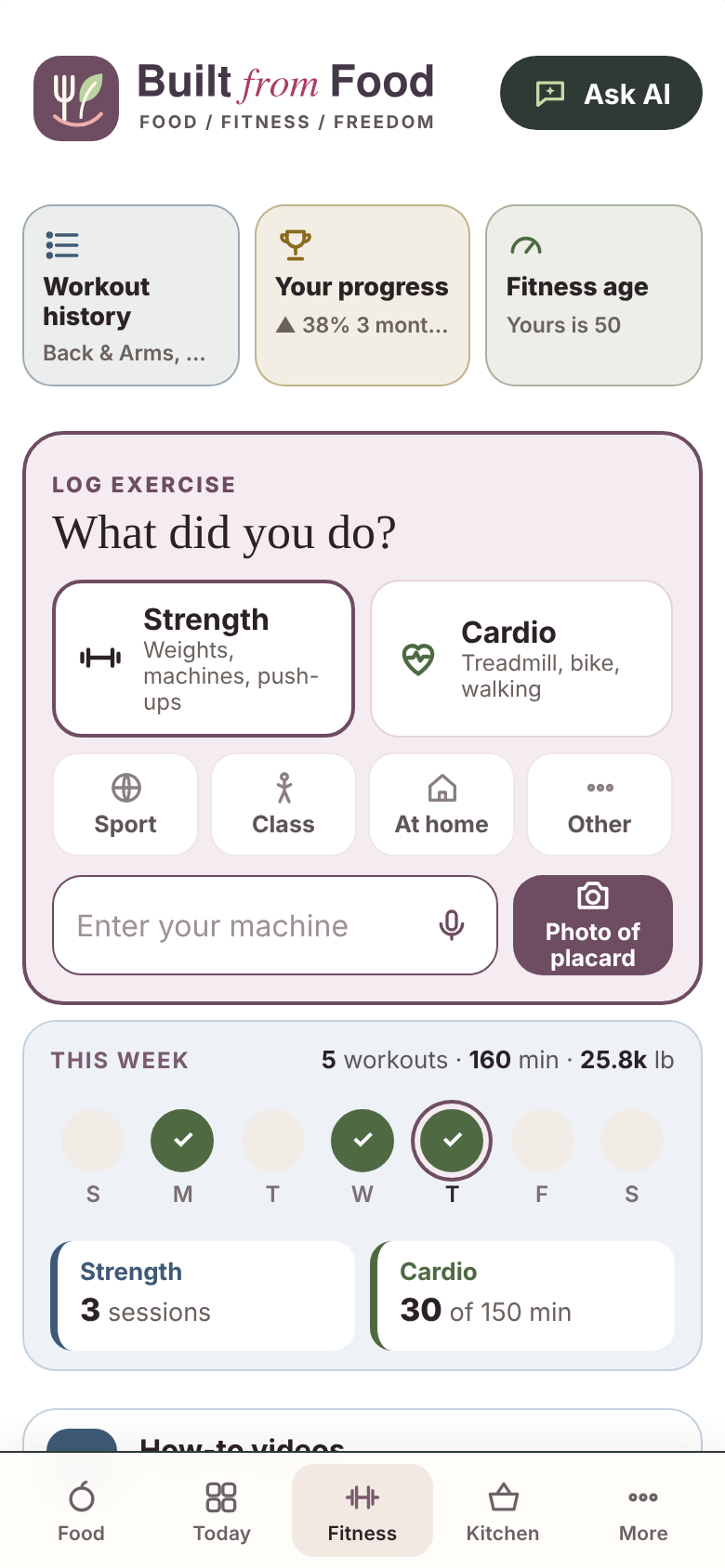 Built From Food beta app: fitness; sample profile