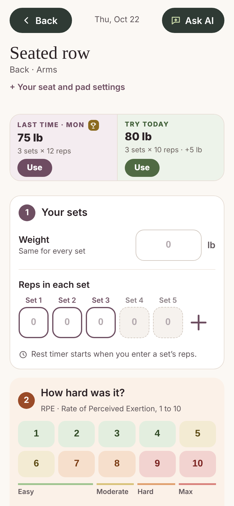 Built From Food beta app: gym try today; sample profile