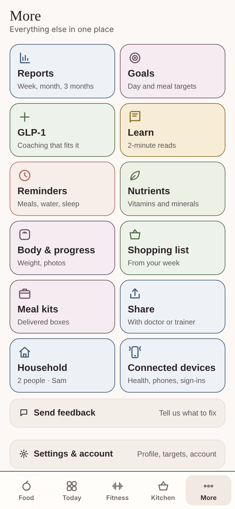 Built From Food beta app: more; sample profile