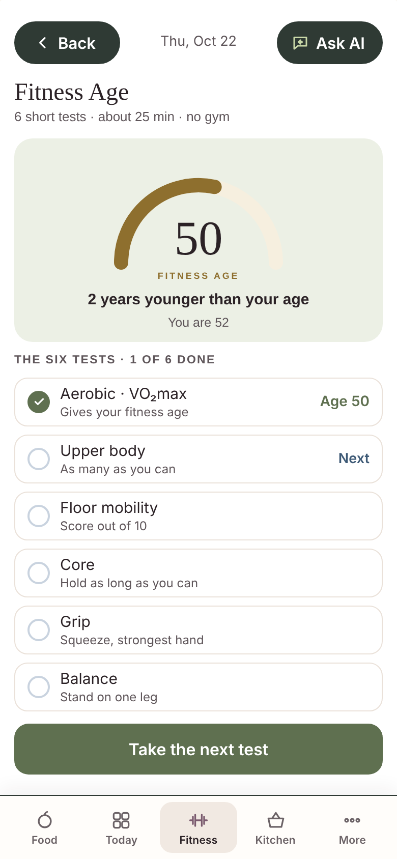 Built From Food beta app: fitness age; sample profile