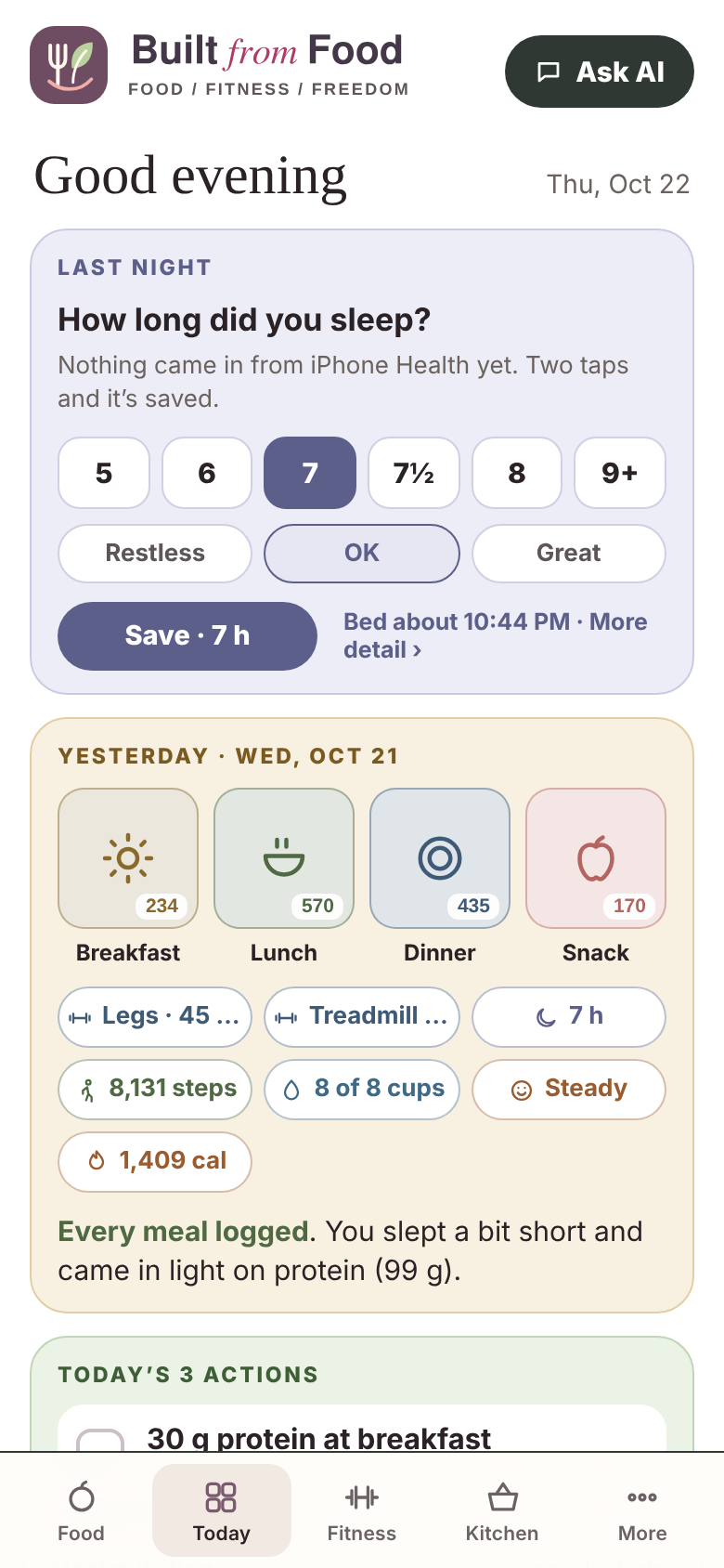 Built From Food beta app: sleep check-in; sample profile