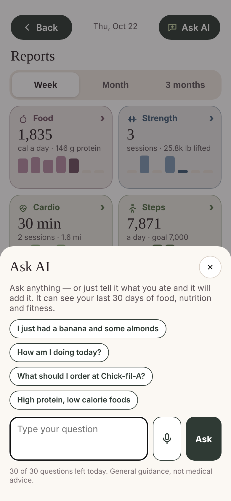 Built From Food beta app: Ask AI; sample profile