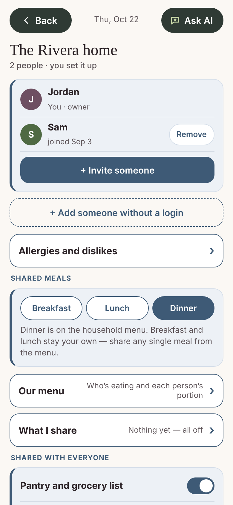 Built From Food beta app: household; sample profile