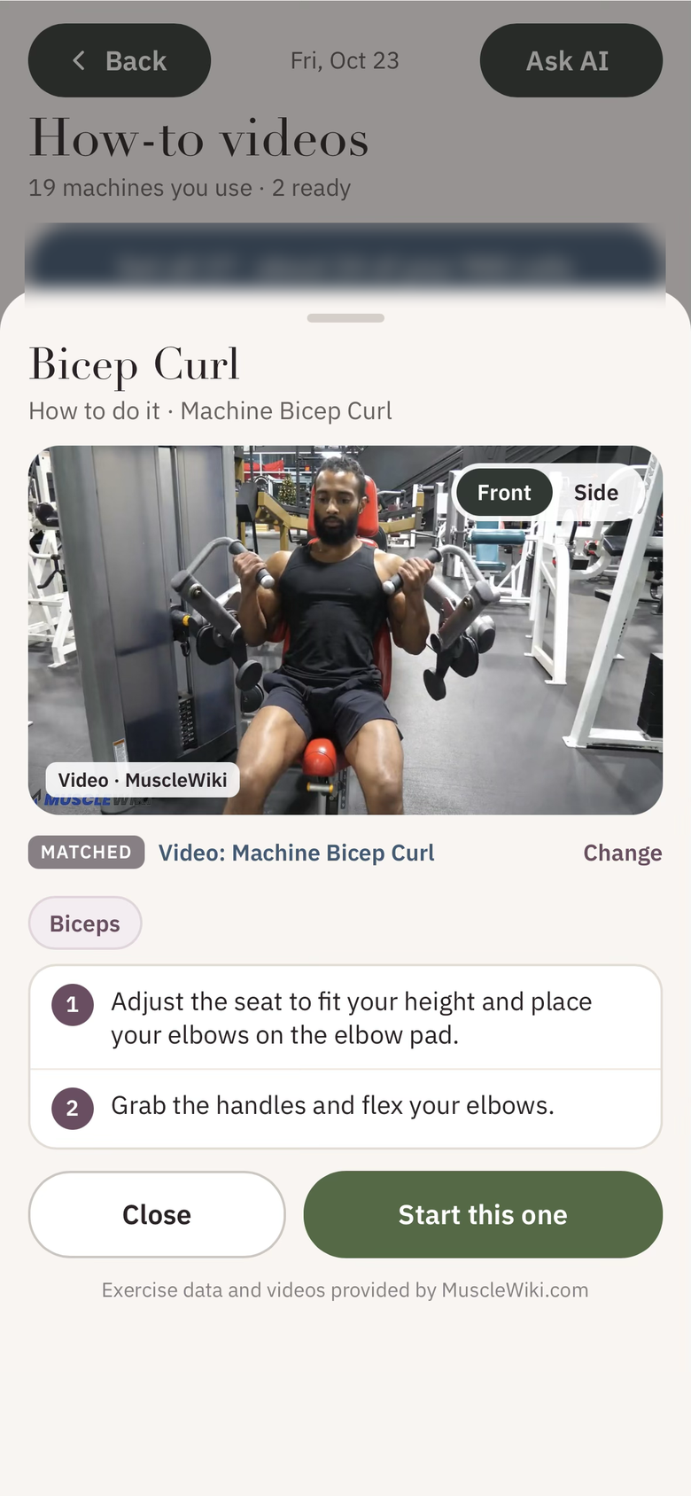 Built From Food beta app: how-to video for a machine bicep curl, with steps